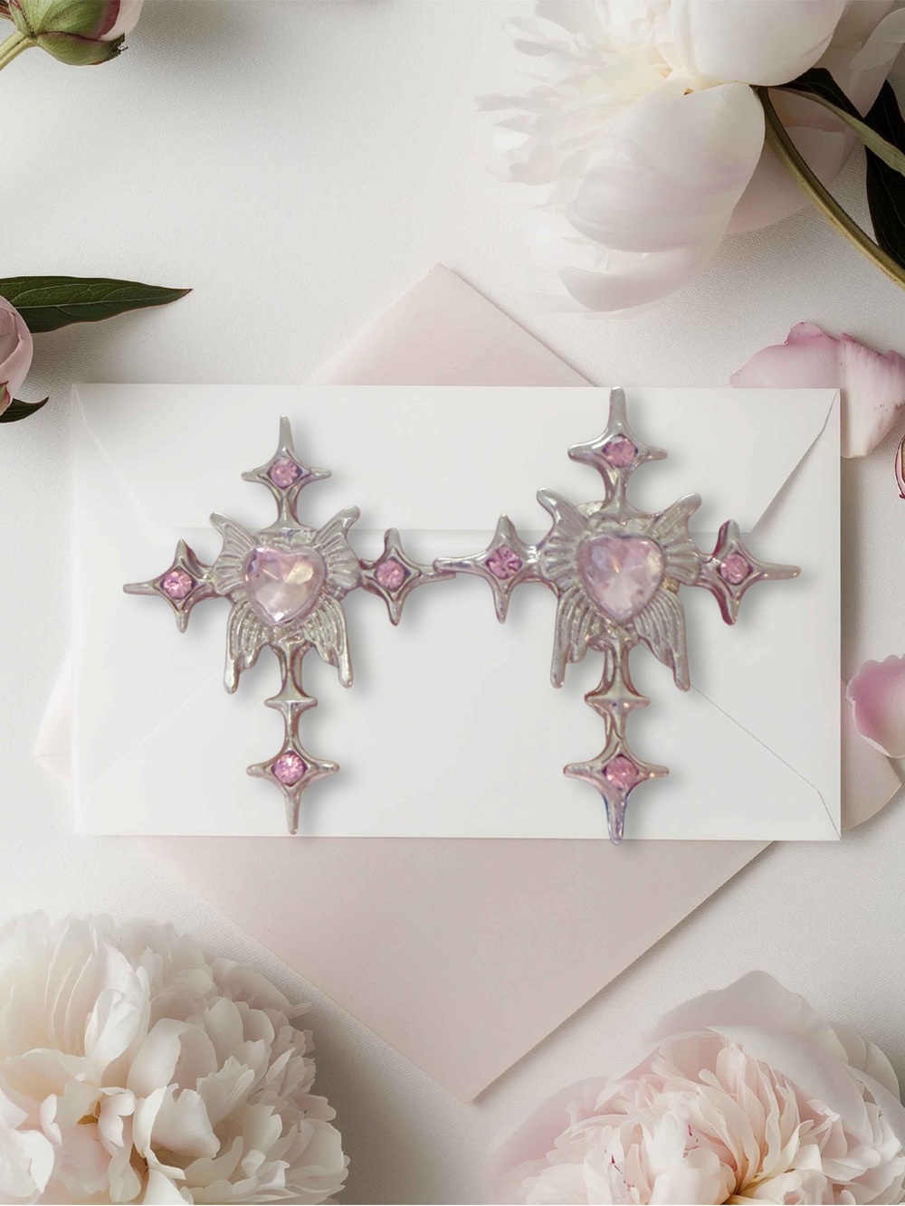 Hand Crafted Pink Heart Wing Cross Earrings with Silver Accents